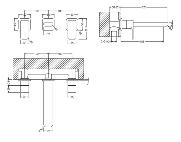 NUIE Wall Mounted 3 Tap Hole Basin Mixer