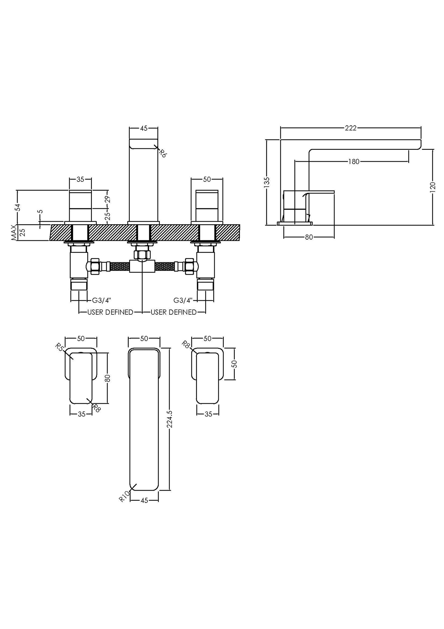 NUIE Deck Mounted 3 Tap Hole Bath Filler
