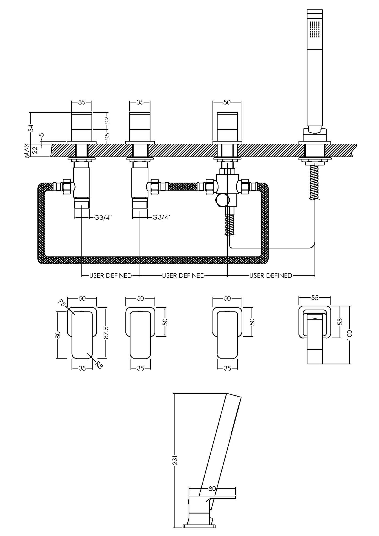 NUIE Deck Mounted 4 Tap Hole Bath Shower Mixer No Spout
