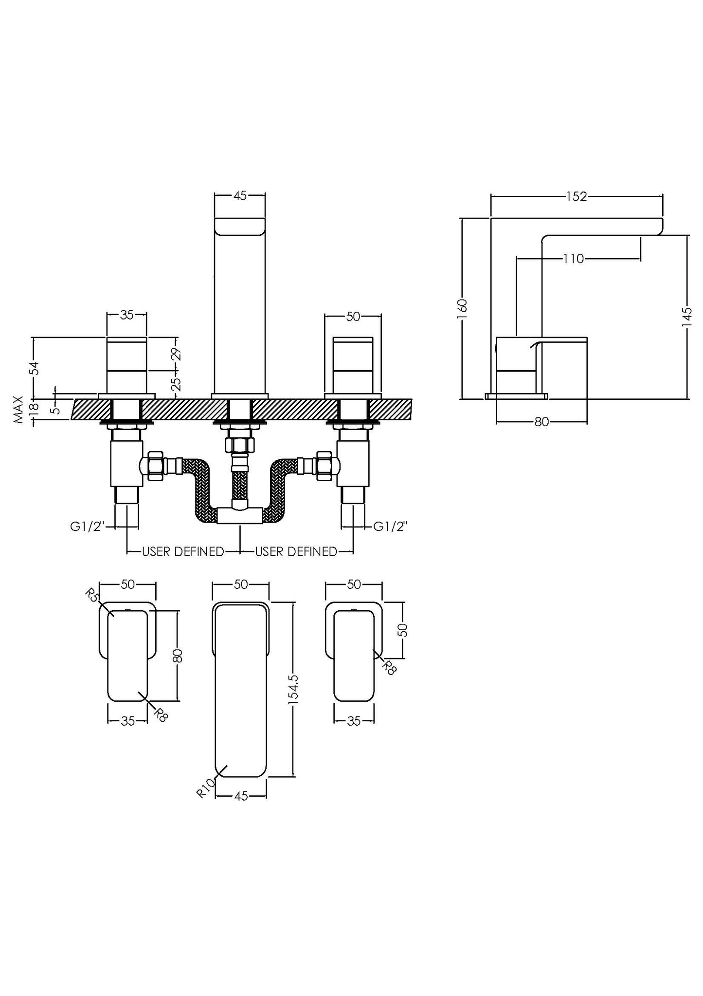 NUIE Deck Mounted 3 Tap Hole Basin Mixer With Pop Up Waste