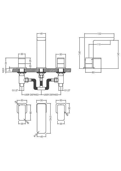 NUIE Deck Mounted 3 Tap Hole Basin Mixer With Pop Up Waste