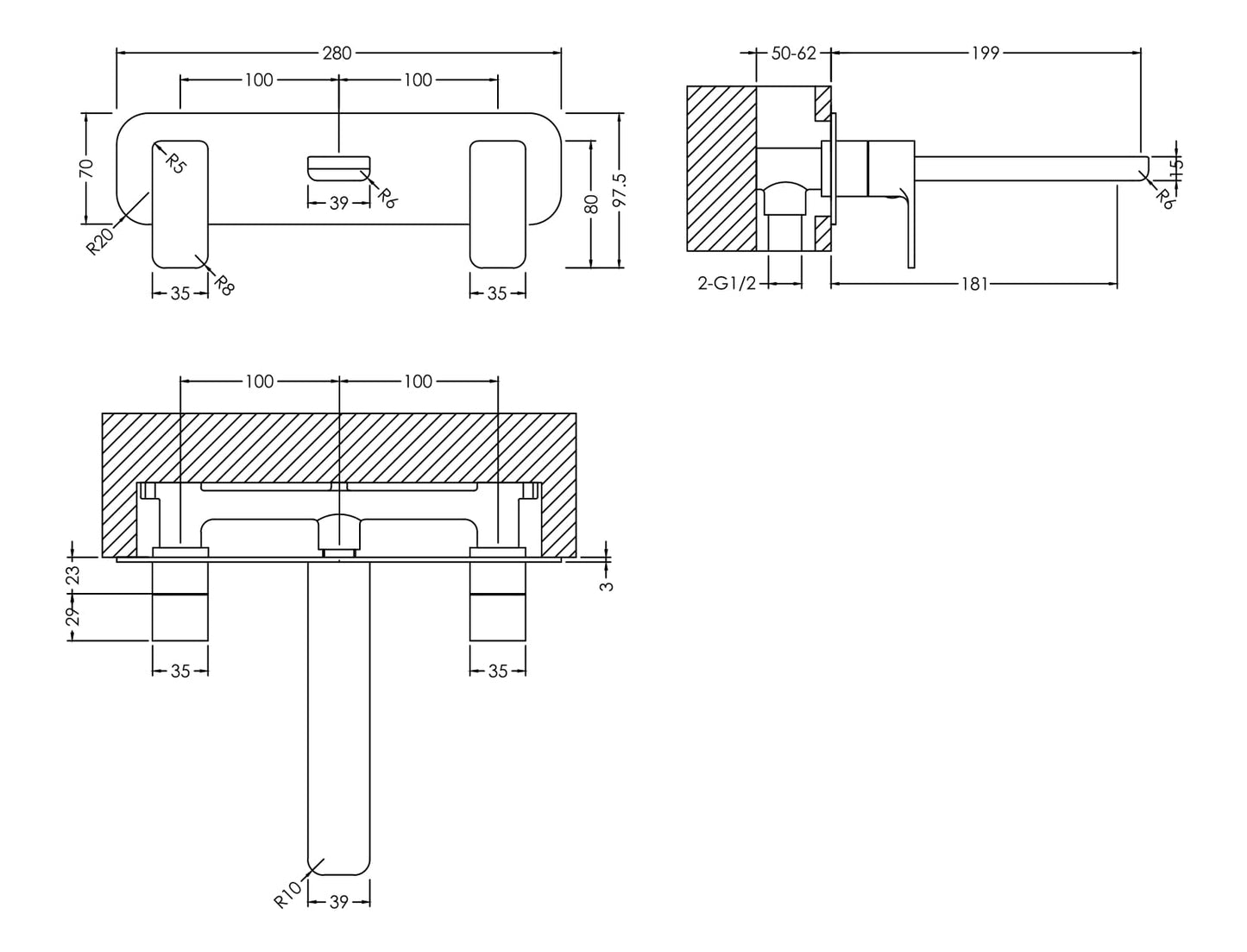 NUIE Wall Mounted 3 Tap Hole Basin Mixer With Plate
