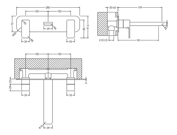 NUIE Wall Mounted 3 Tap Hole Basin Mixer With Plate
