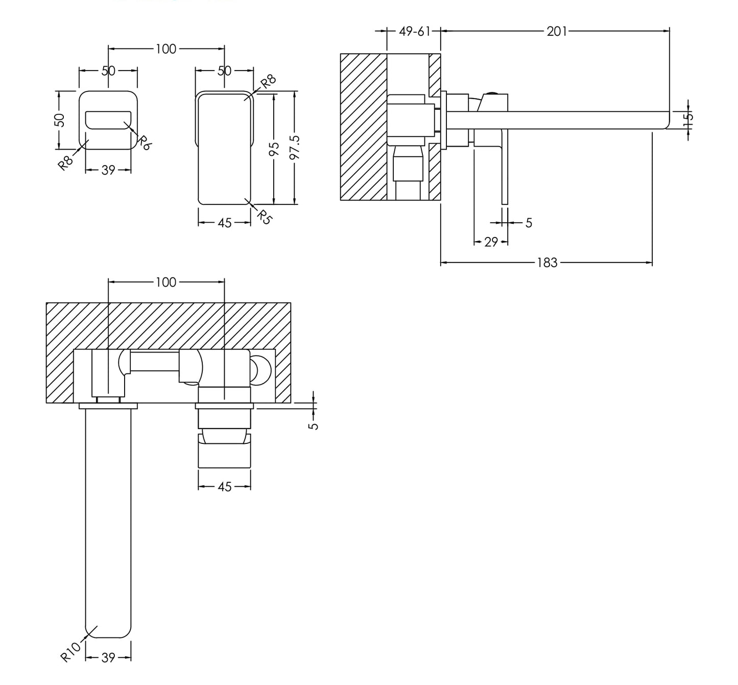 NUIE Wall Mounted 2 Tap Hole Basin Mixer