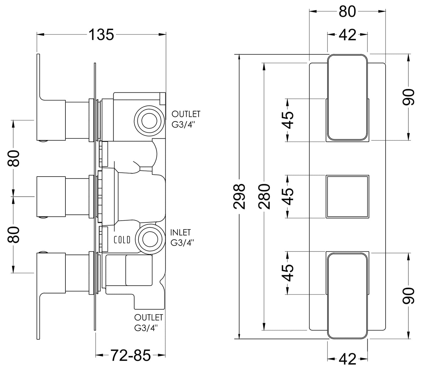 NUIE Windon Triple Thermostatic Valve With Diverter