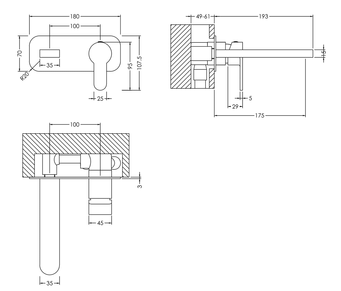 NUIE Wall Mounted 2 Tap Hole Basin Mixer With Plate