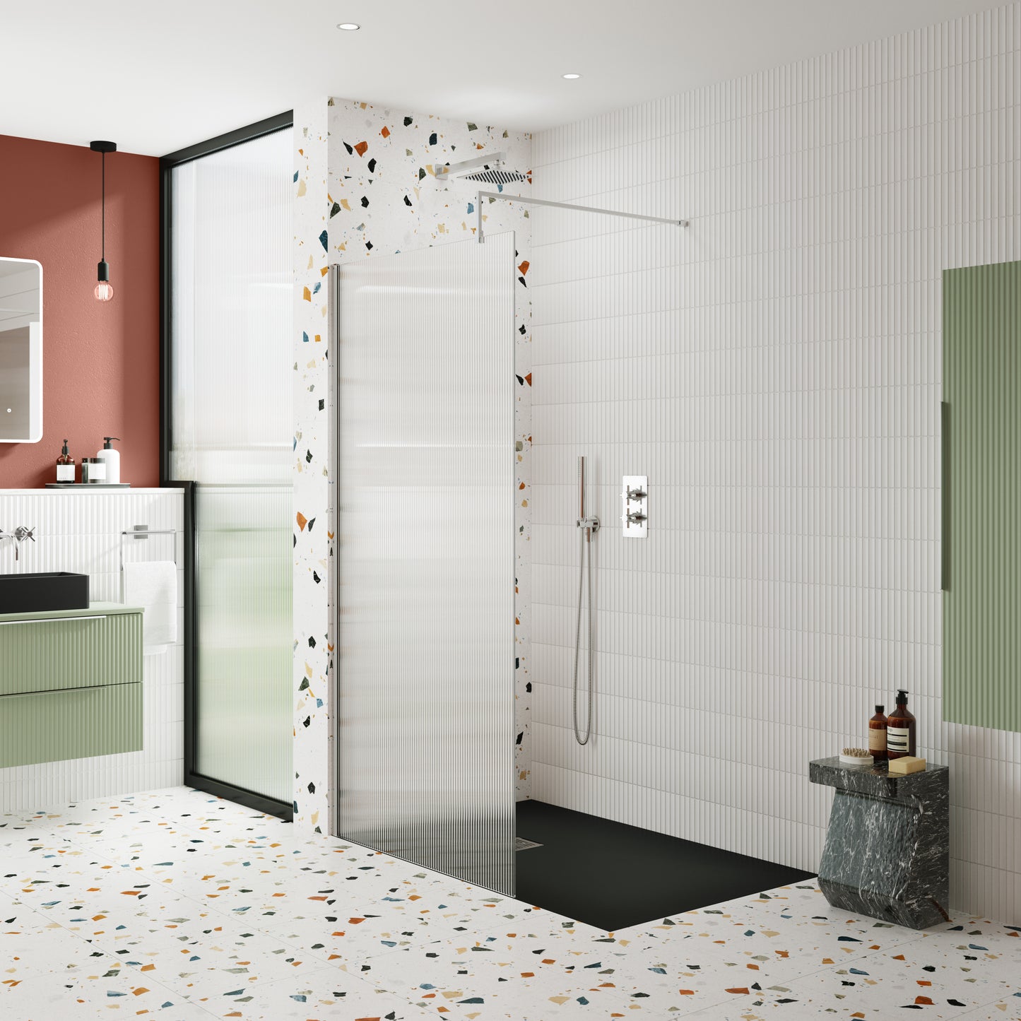 NUIE 900mm Fluted Wetroom Screen with Support Bar