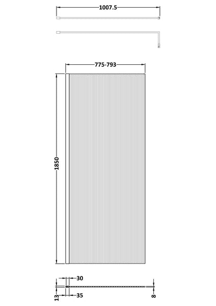 NUIE 800mm Fluted Wetroom Screen with Support Bar