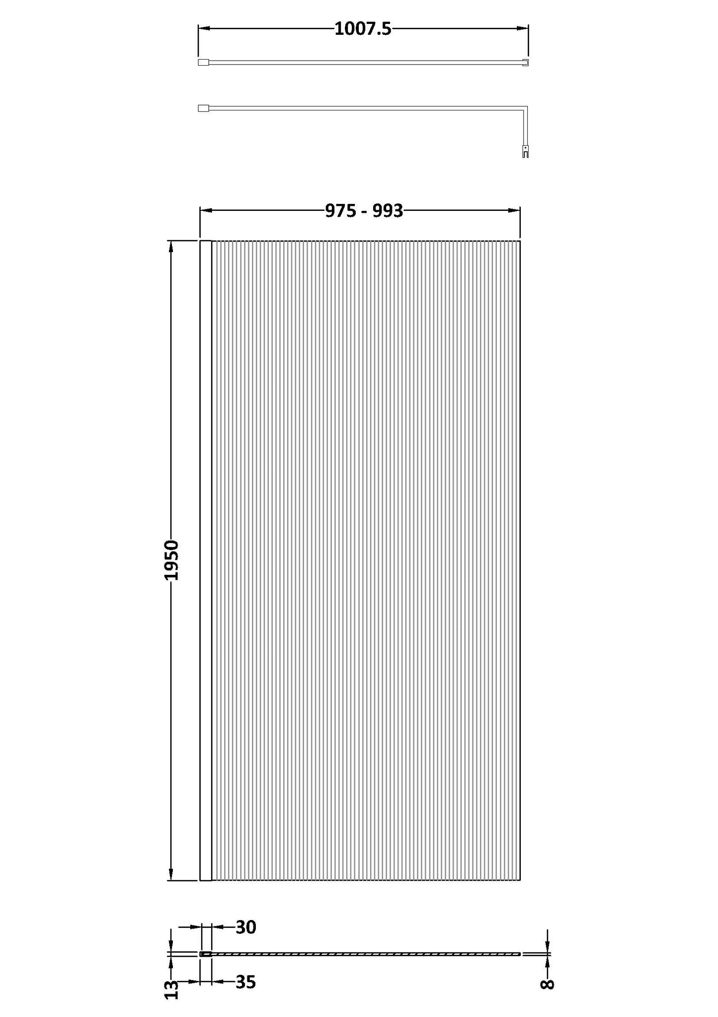 Hudson Reed 1000mm Fluted Wetroom Screen with Support Bar
