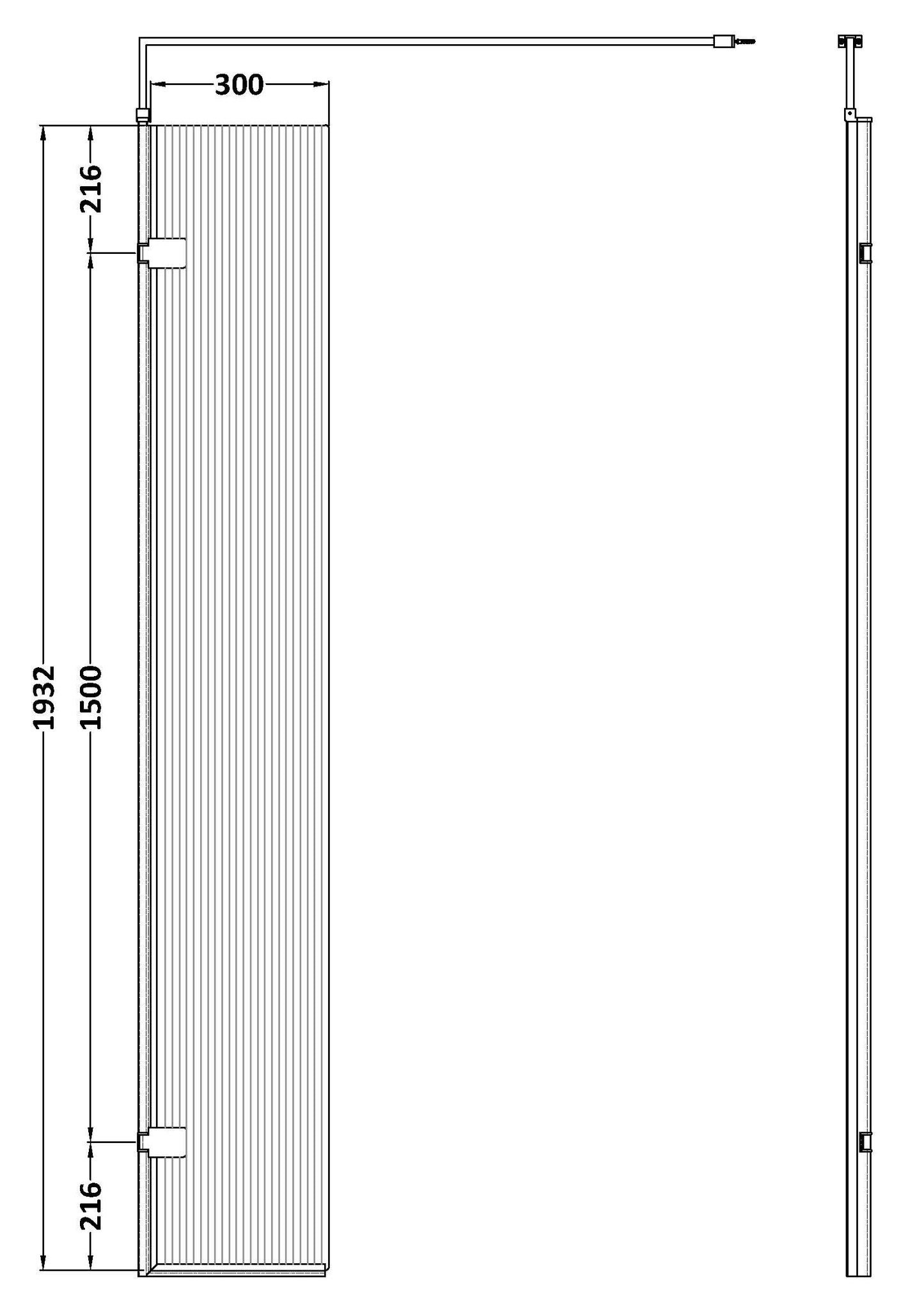 Hudson Reed 300x1950 Fluted Hinged Screen with Support Bar