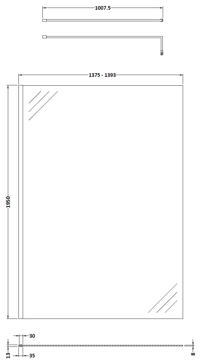 Hudson Reed 1400mm Wetroom Screen With Black Support Bar