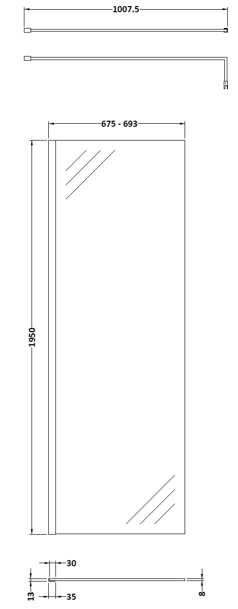 Hudson Reed 700mm Wetroom Screen With Black Support Bar