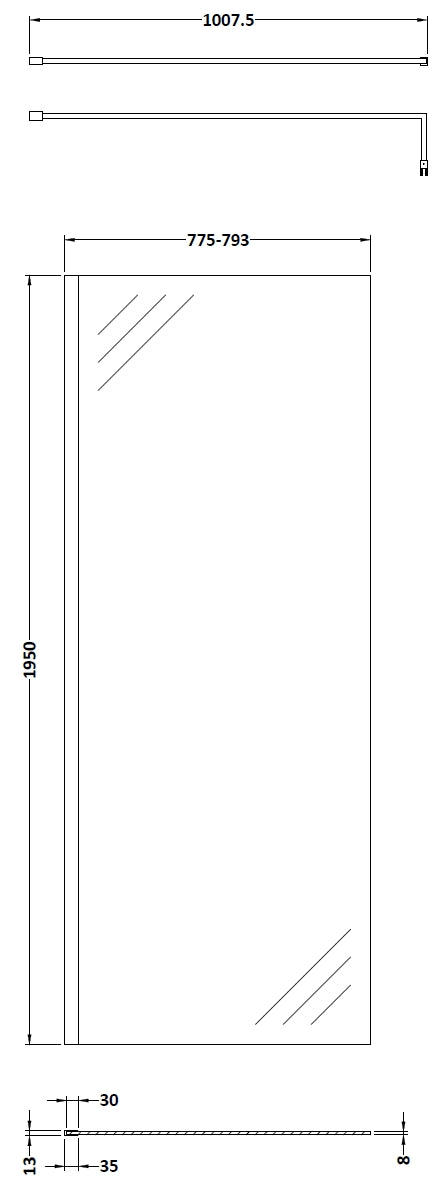 Hudson Reed 800mm Wetroom Screen With Black Support Bar