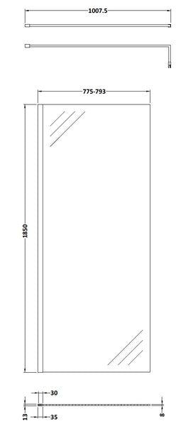NUIE 800mm Wetroom Screen & Support Bar