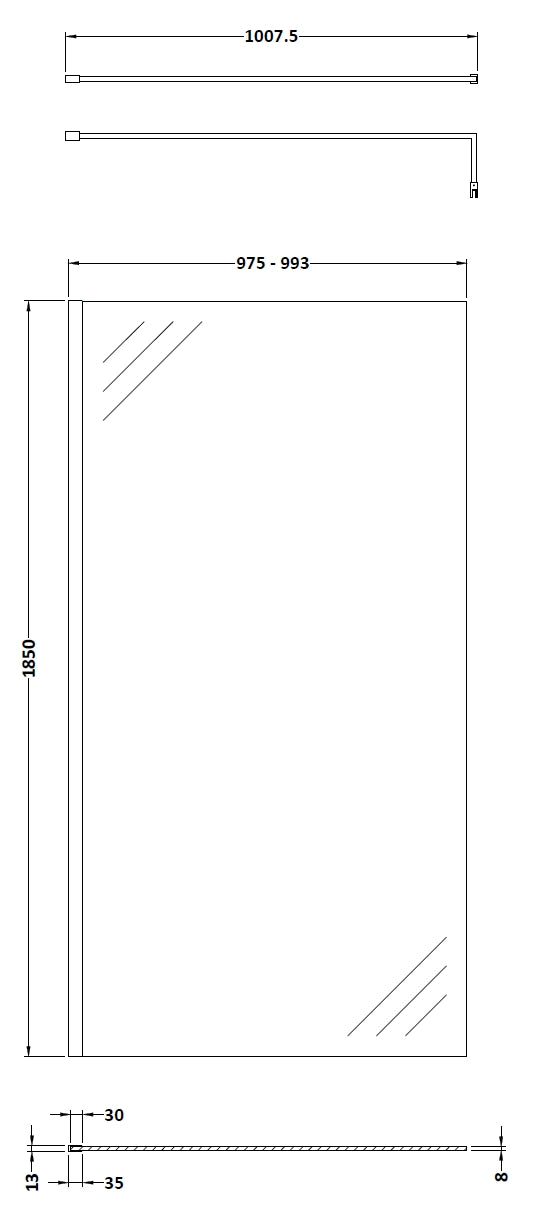 NUIE 1000mm Wetroom Screen & Support Bar