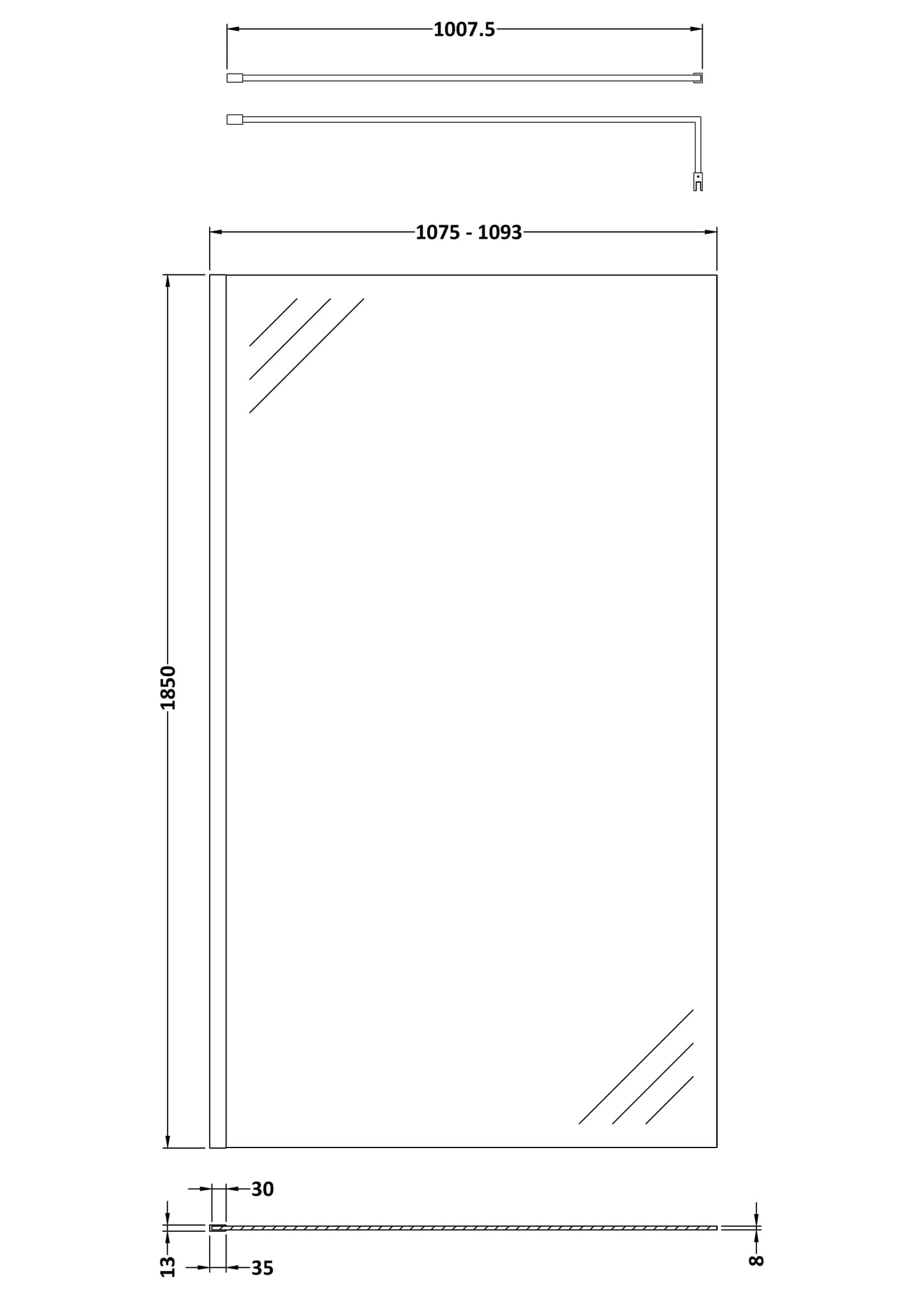 NUIE 1100mm Wetroom Screen With Support Bar