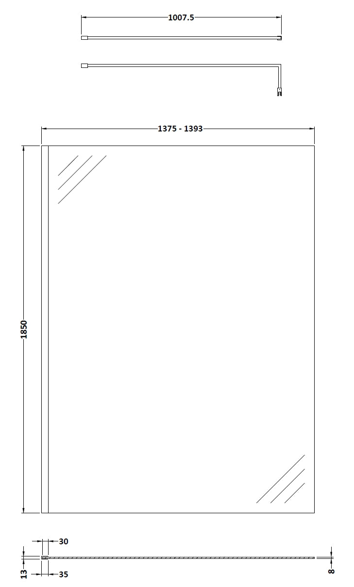 NUIE 1400mm Wetroom Screen With Support Bar