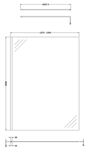 NUIE 1400mm Wetroom Screen With Support Bar