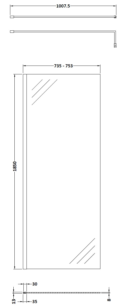 NUIE 760mm Wetroom Screen With Support Bar