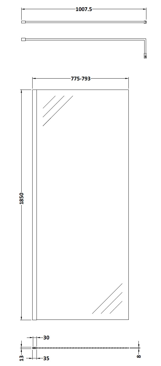 NUIE 800mm Wetroom Screen With Support Bar