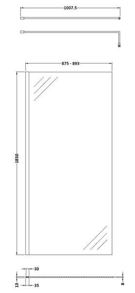 NUIE 900mm Wetroom Screen With Support Bar