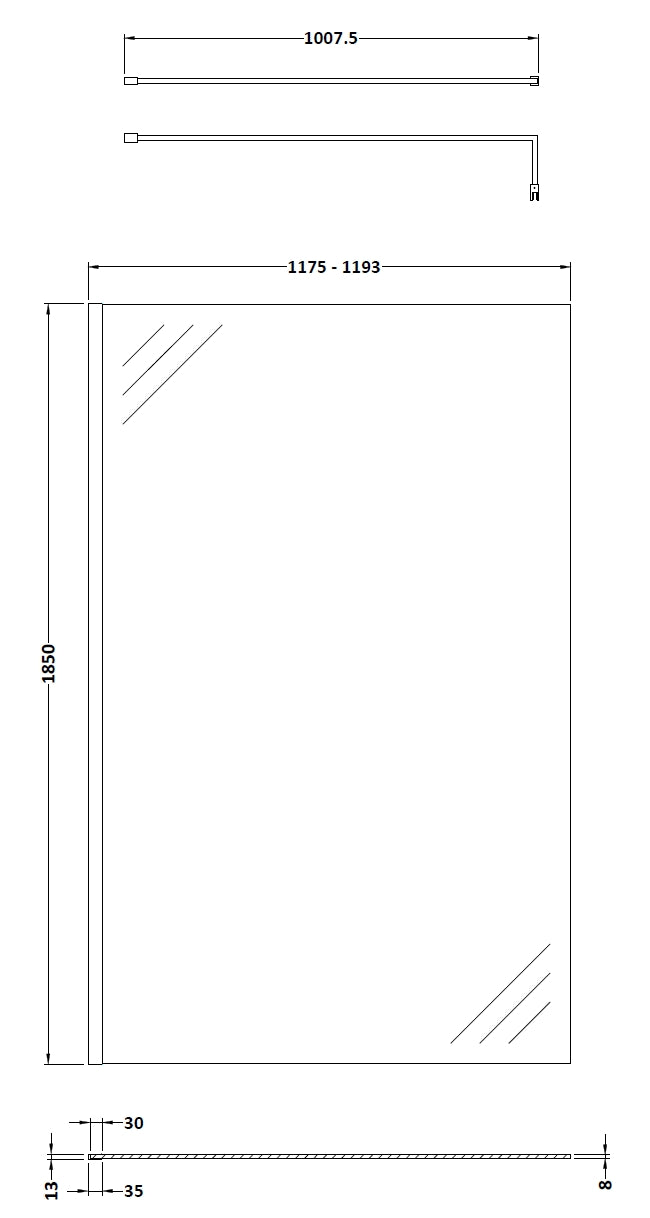 NUIE Wetroom Screen 1200x1850x8mm - Brushed Pewter