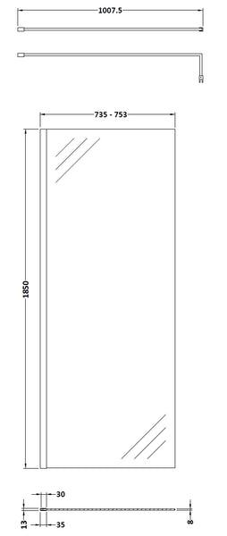 NUIE Wetroom Screen 760x1850x8mm - Brushed Pewter