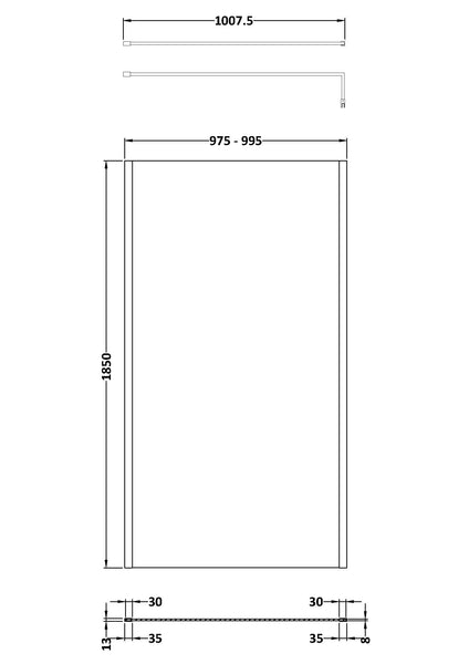 NUIE 1000mm Outer Framed Wetroom Screen with Support Bar