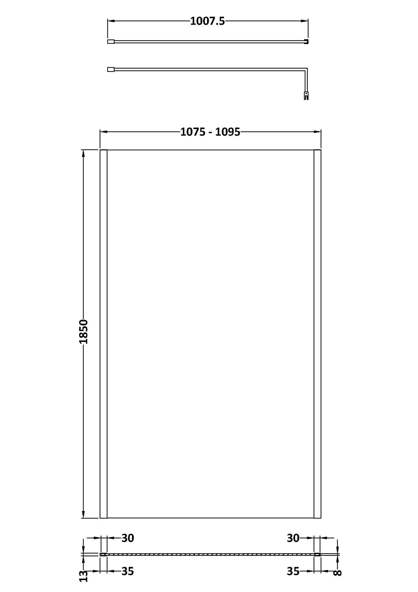 NUIE 1100mm Outer Framed Wetroom Screen with Support Bar