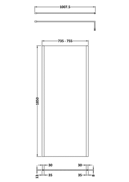 NUIE 760mm Outer Framed Wetroom Screen with Support Bar