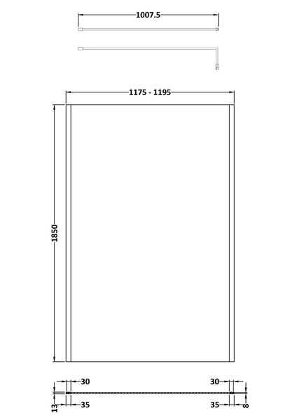 NUIE 1200mm Outer Framed Wetroom Screen with Support Bar