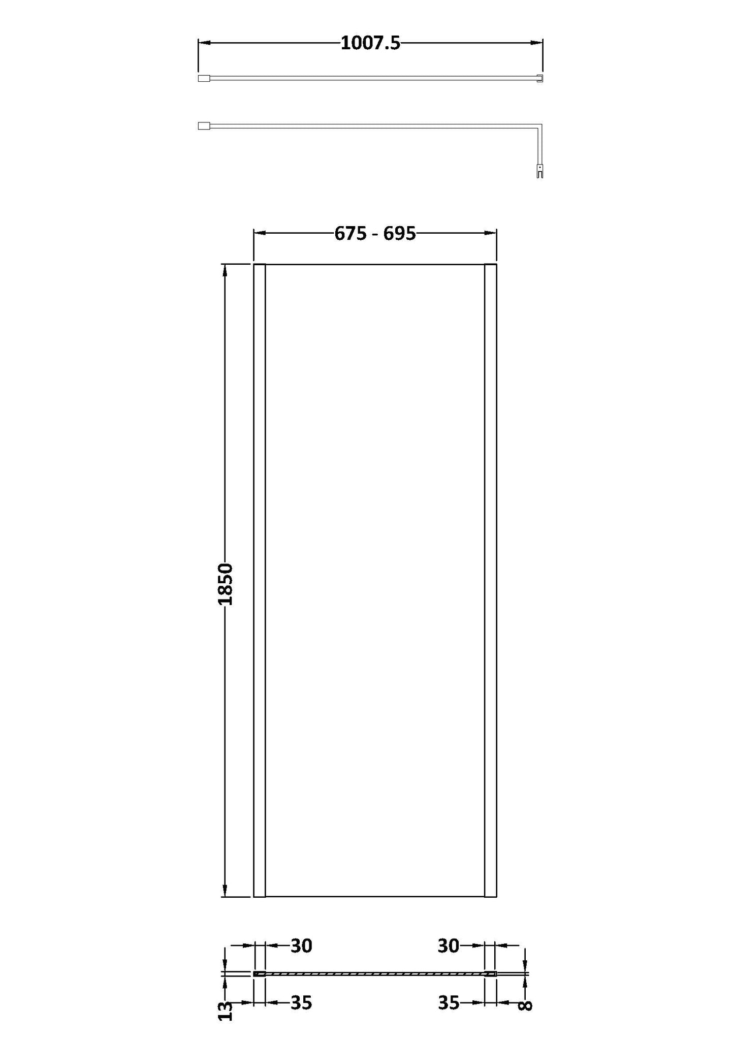 NUIE 700mm Outer Framed Wetroom Screen with Support Bar