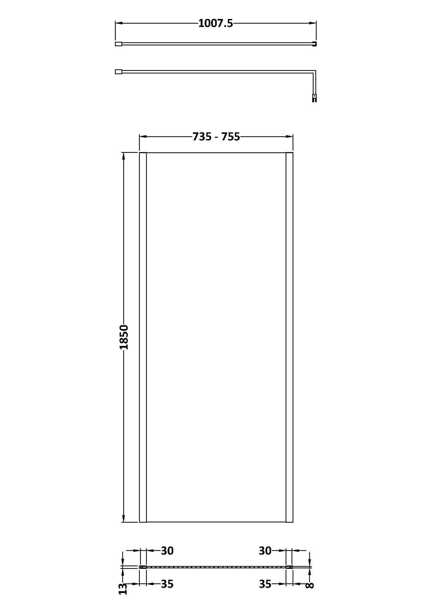 NUIE 760mm Outer Framed Wetroom Screen with Support Bar