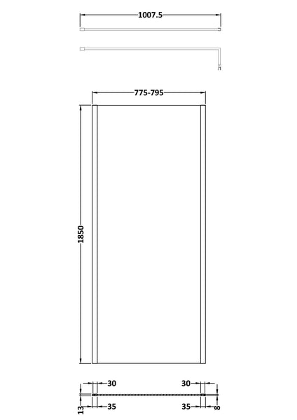 NUIE 800mm Outer Framed Wetroom Screen with Support Bar