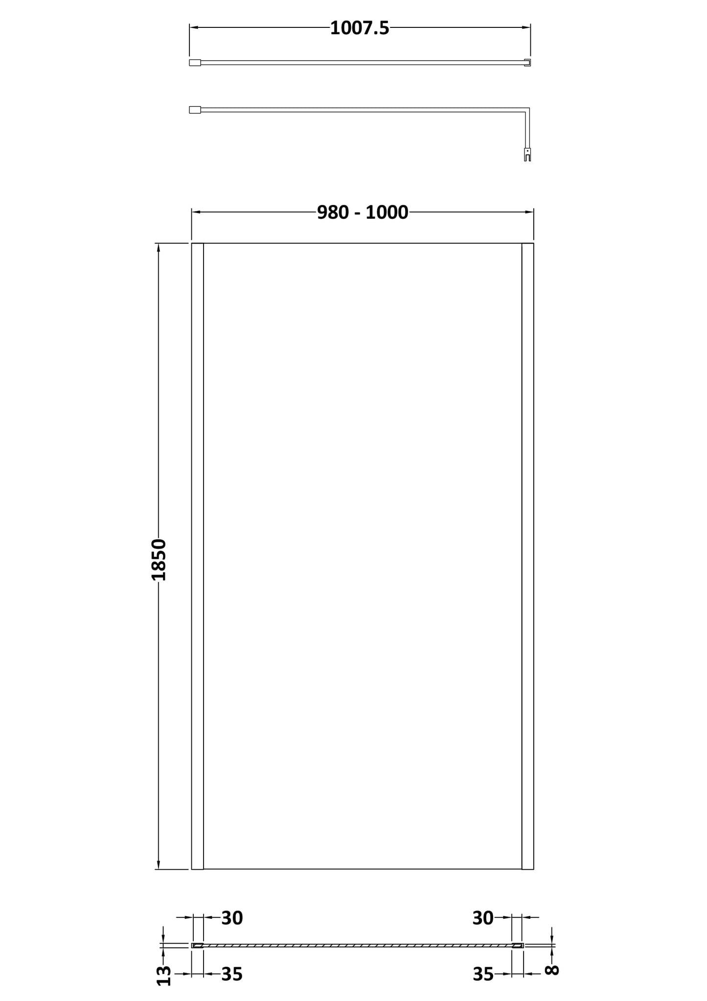 NUIE 1000mm Wetroom Screen Outer Frame 1850x8mm - Brushed Pewter