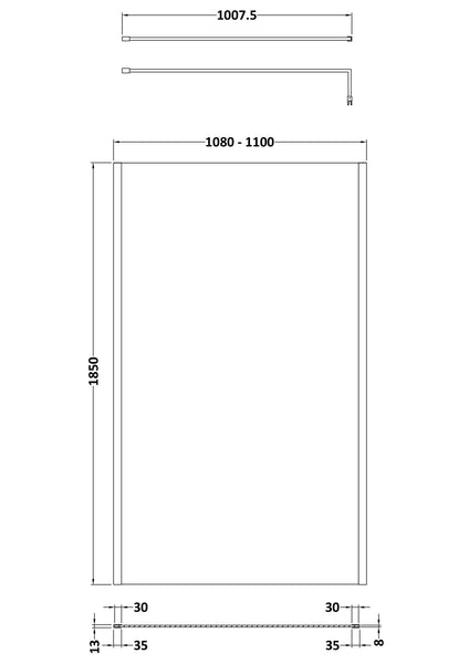 NUIE 1100mm Wetroom Screen Outer Frame 1850x8mm - Brushed Pewter