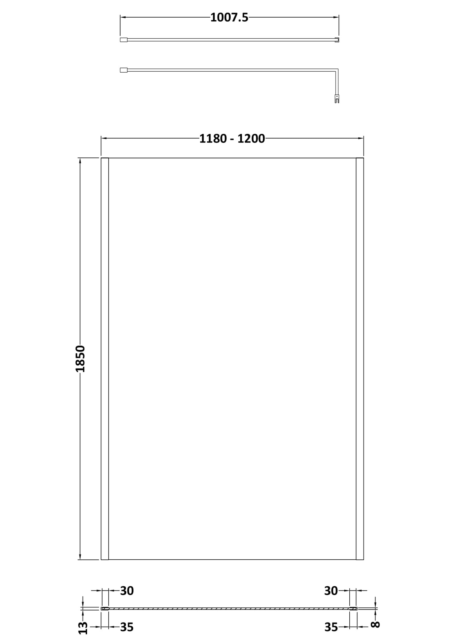 NUIE 1200mm Wetroom Screen Outer Frame 1850x8mm - Brushed Pewter