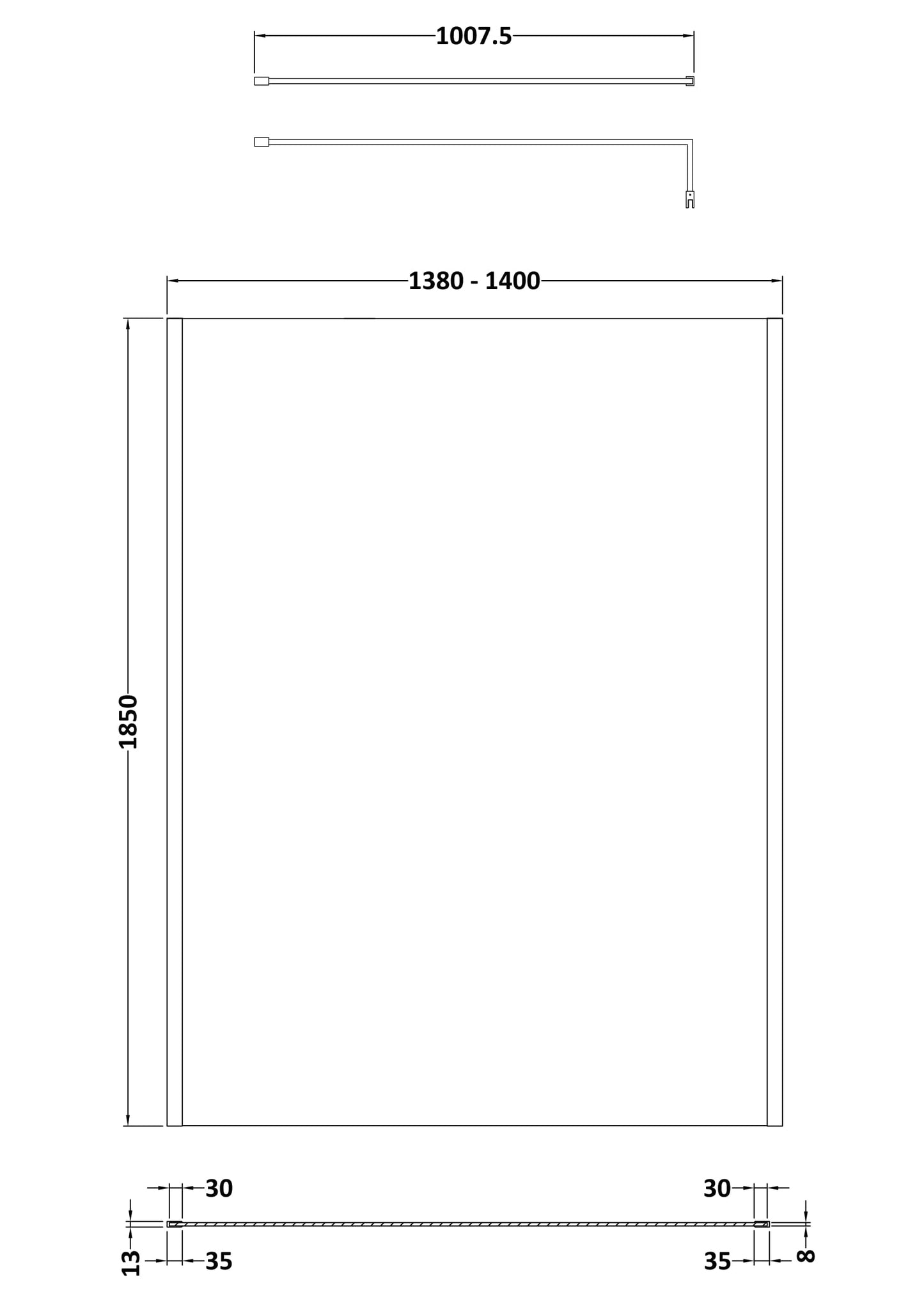 NUIE 1400mm Wetroom Screen Outer Frame 1850x8mm - Brushed Pewter