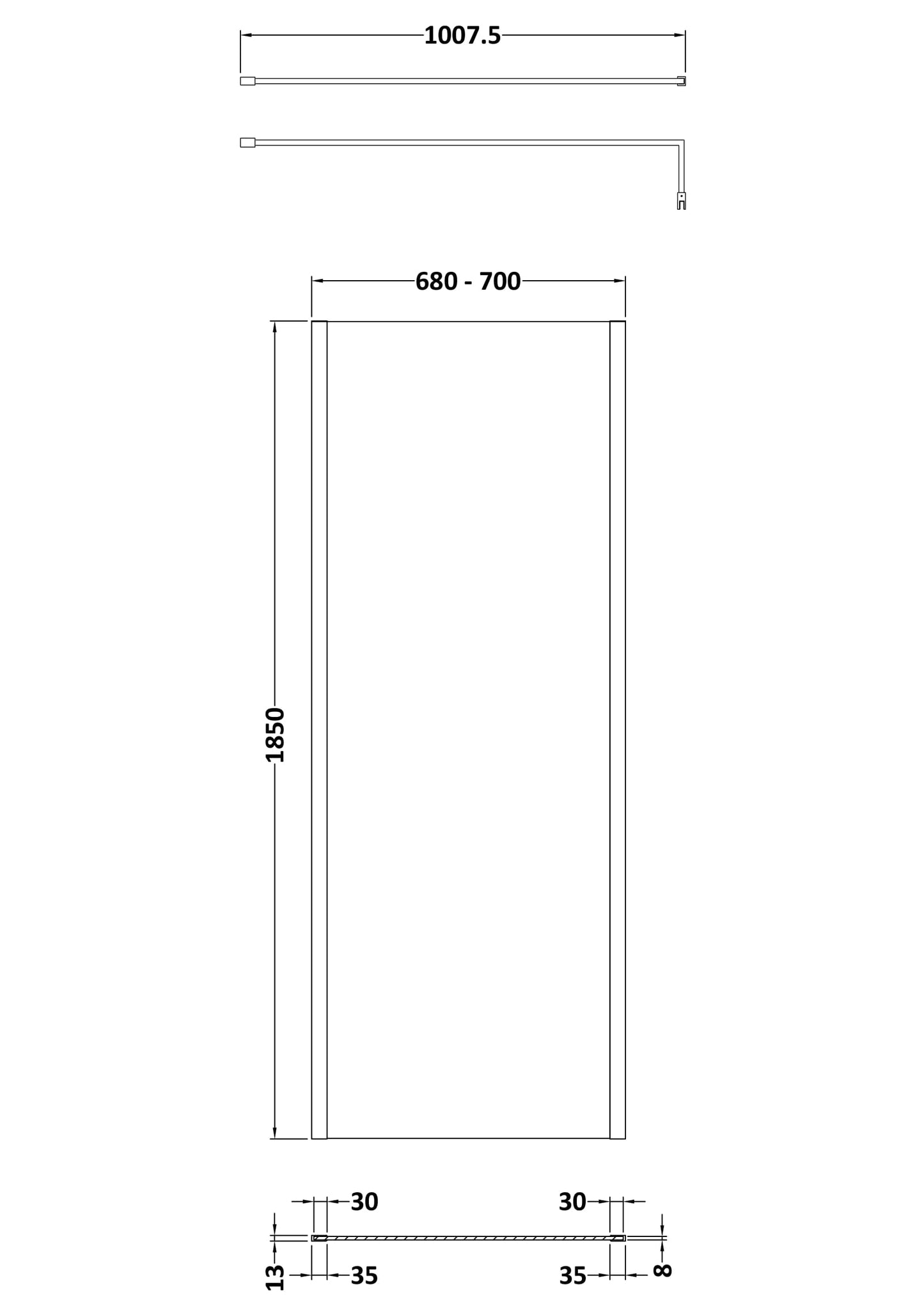 NUIE 700mm Wetroom Screen Outer Frame 1850x8mm - Brushed Pewter
