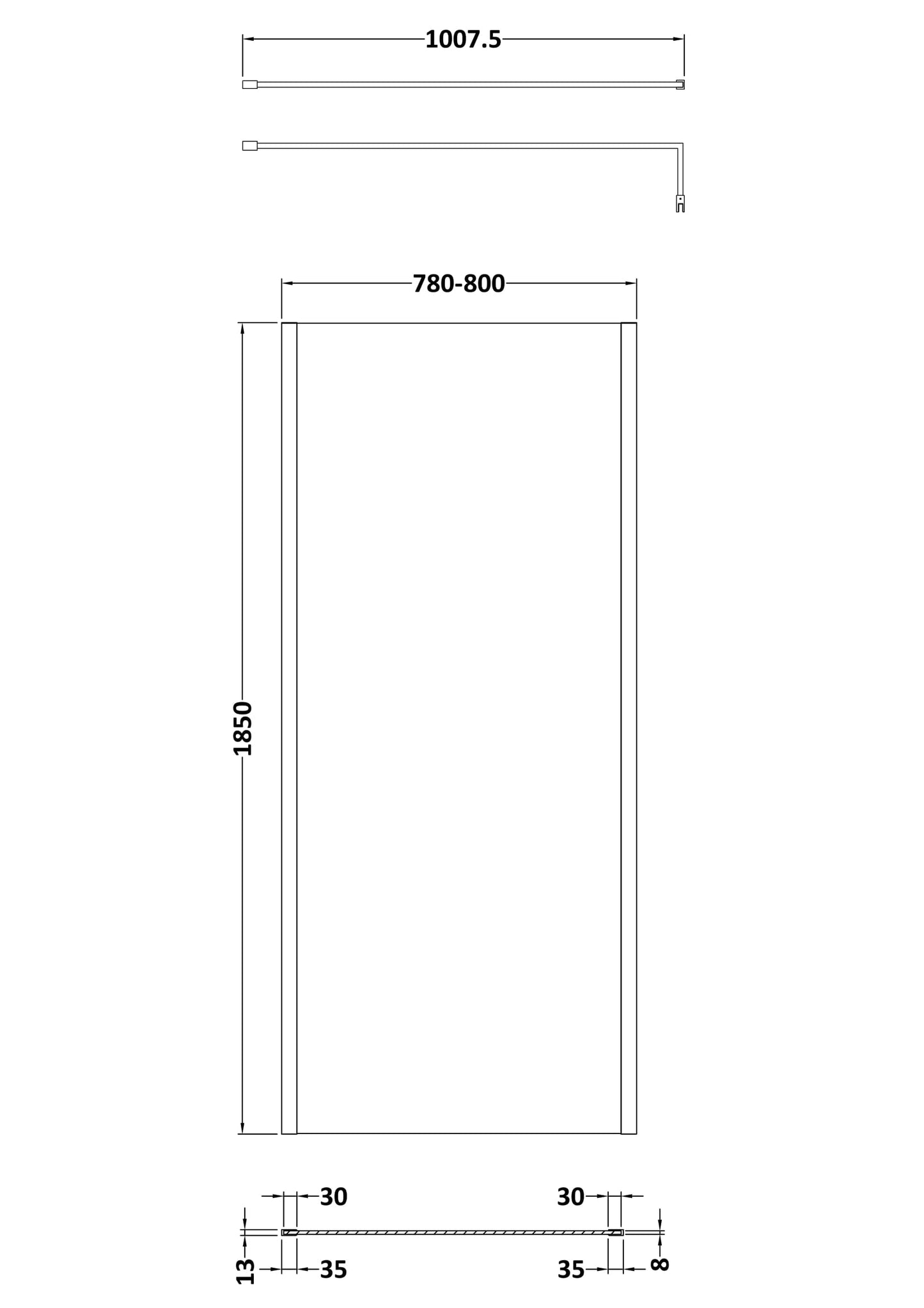 NUIE 800mm Wetroom Screen Outer Frame 1850x8mm - Brushed Pewter