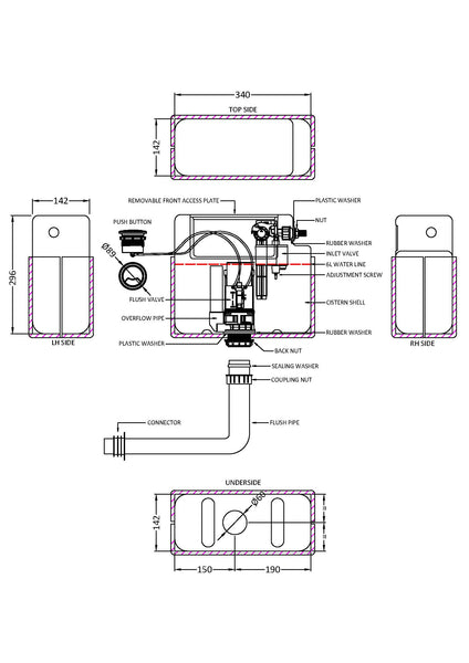 NUIE Pneumatic Dual Flush Universal Access Concealed Cistern