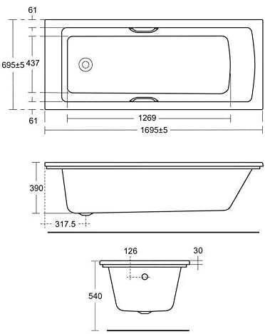 Ideal Standard E156201 Tempo 170cm x 70cm Idealform Water Saving Bath with Chrome Handgrips