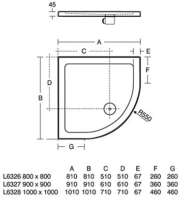 Ideal Standard L632601 Low Profile Quadrant Flat Top Shower Tray 800 x 800mm