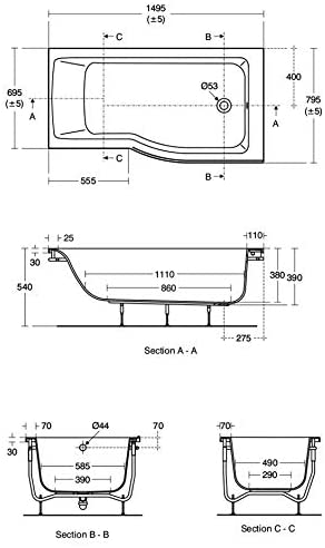 Ideal Standard E154401 Concept Air 150cm x 80cm Idealform Right Hand Shower Bath with No Tap Holes
