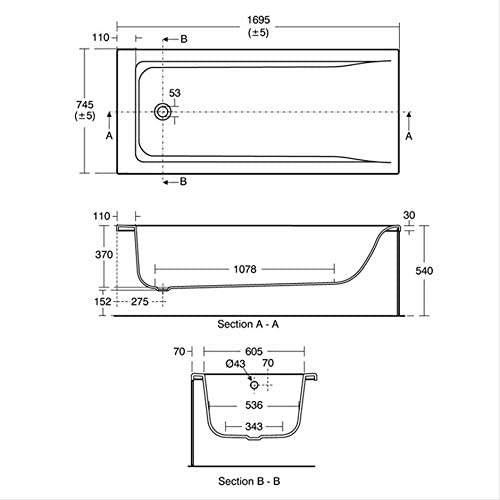 Ideal Standard E860201 Concept 170cm x 75cm Bathwith No Tap Holes