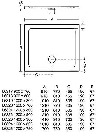 Ideal Standard L632201 White Idealite Flat Top Rectangular Shower Tray 1200 x 900mm