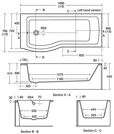 Ideal Standard E256801 Tempo Arc 1700mm Left Hand No Tap Hole Shower Bath