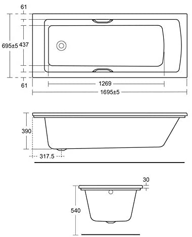 Ideal Standard E155801 Tempo 170cm x 70cm Rectangular Idealform Bath with Chrome Handgrips
