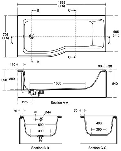 Ideal Standard E114301 Concept Air 170cm x 80cm Idealform Plus+ Left Hand Shower Bath with No Tap Holes
