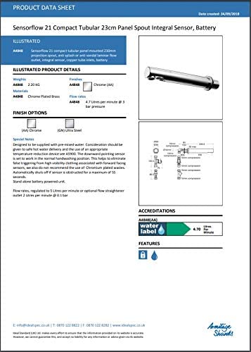 SENSORFLOW 21 Armitage Shanks A4848AA Compact Chrome Battery Operated Non-touch Panel Spout Tap *NEW*